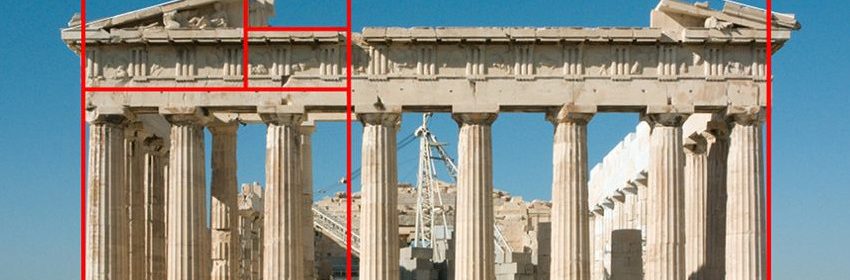 The Athenian Parthenon overlaid with a golden rectangle spiral.