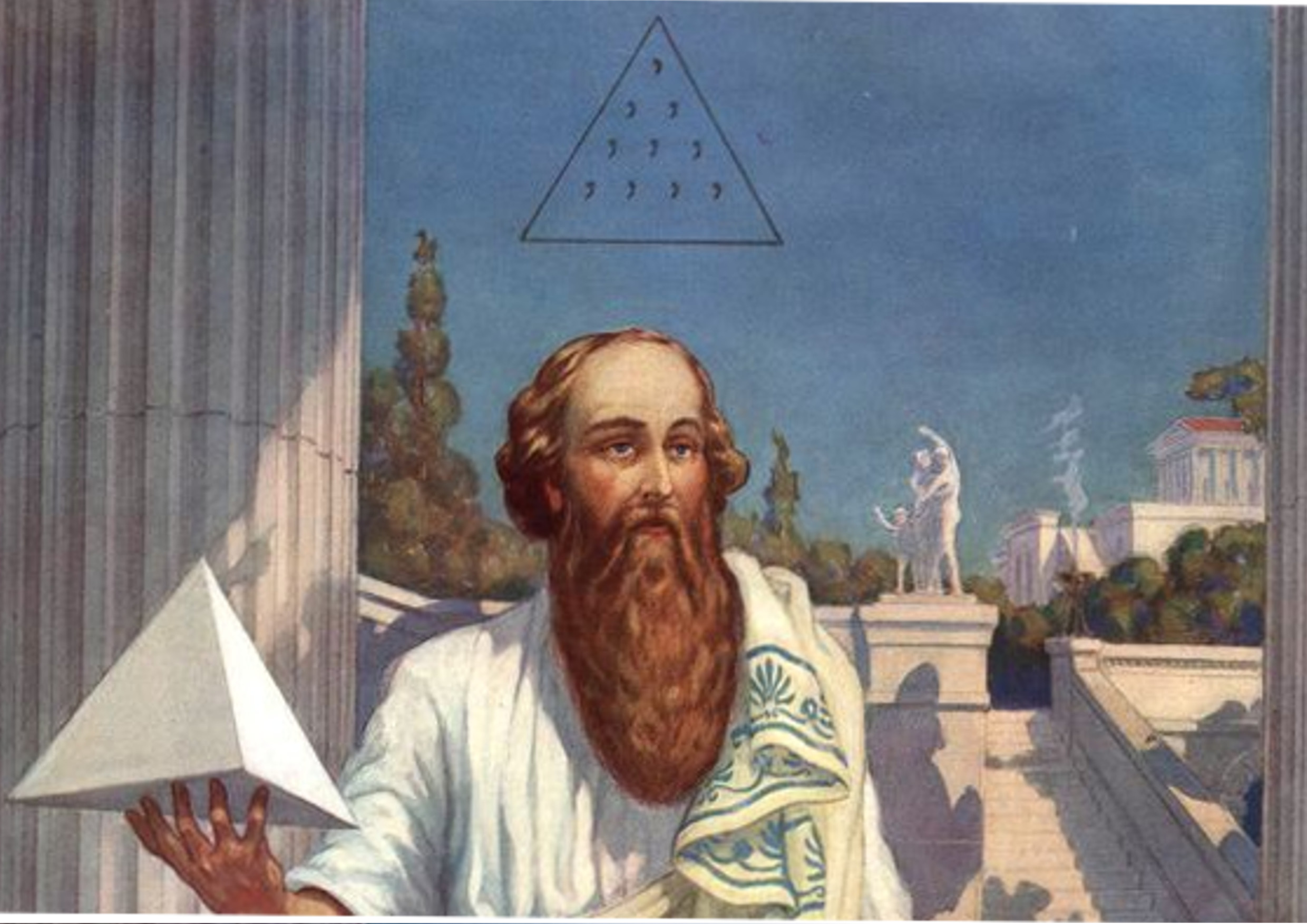 Pythagoras, detail from Knapp c. 1926. Notice the Hebrew 'Tetractys' floating above his head.