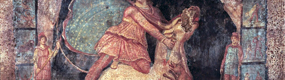 Mithras with his starry cloak, fresco, Mithræum of Marino, c. 200 CE.