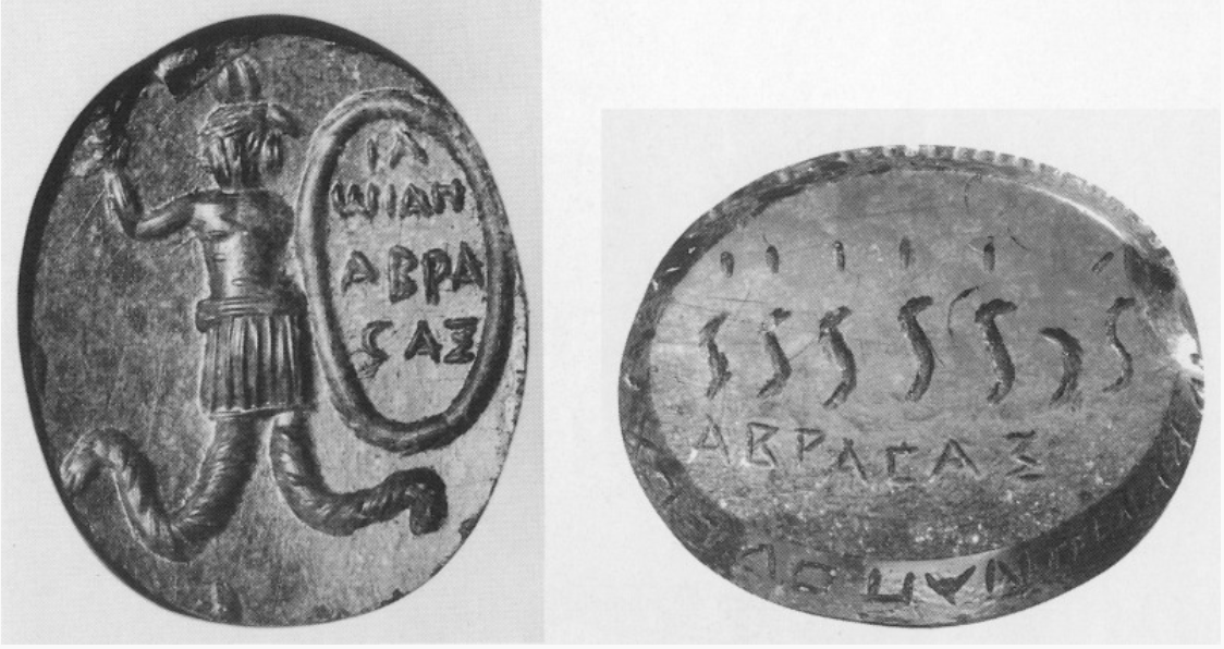 One of our favourite angels (carved quartz gem inscribed with the classic `Anguippes'-figure, inscribed αβρασαξ front and back, plus vowel-voces etc. DE-Köln-Institut für Altertumskunde 11, to whom thanks for use of the image)